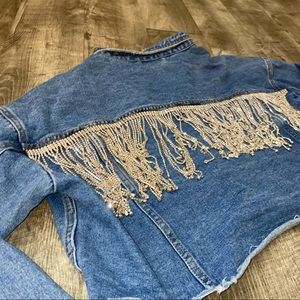 Custom Rhinestone Fringe Cropped Demin Jean Jacket